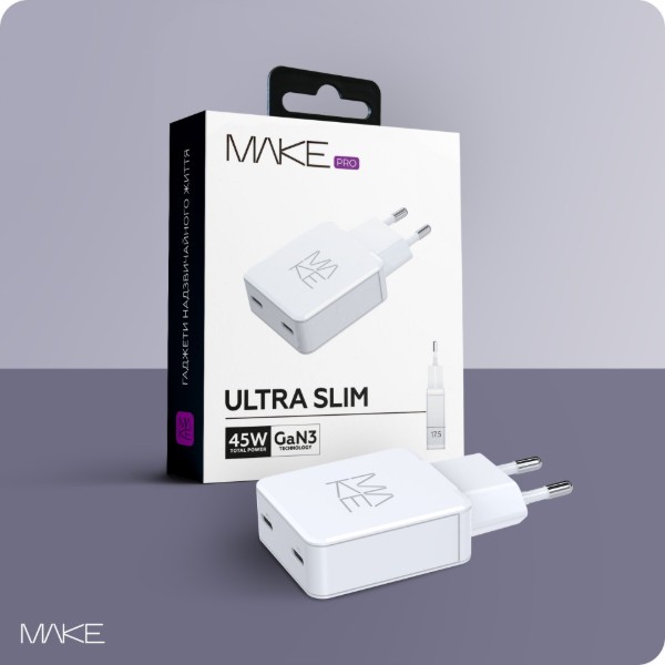 Фото - Мережевий зарядний пристрій MAKE 45W GaN Ultra Slim 2xPD White (MCW-4522GWH)