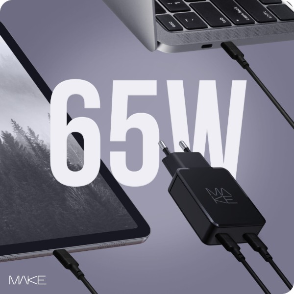 Фото - Мережевий зарядний пристрій MAKE 65W GaN Ultra Slim 2xPD Black (MCW-6521GBK)
