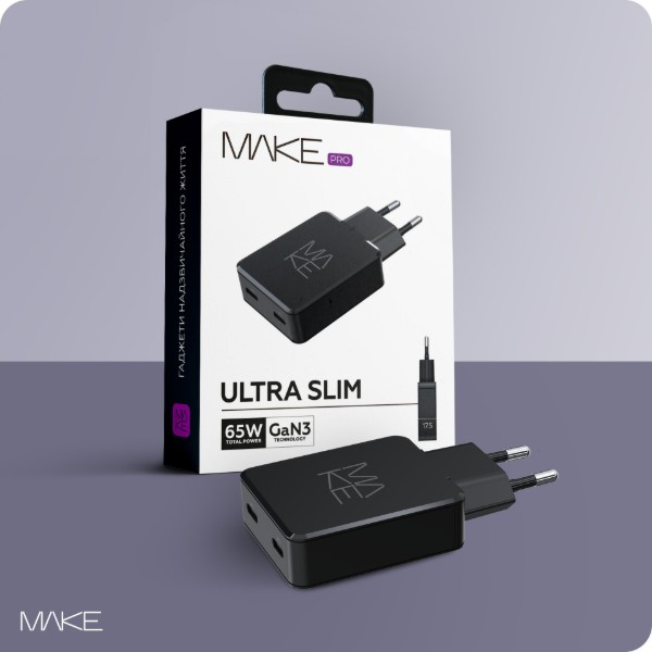 Фото - Мережевий зарядний пристрій MAKE 65W GaN Ultra Slim 2xPD Black (MCW-6521GBK)