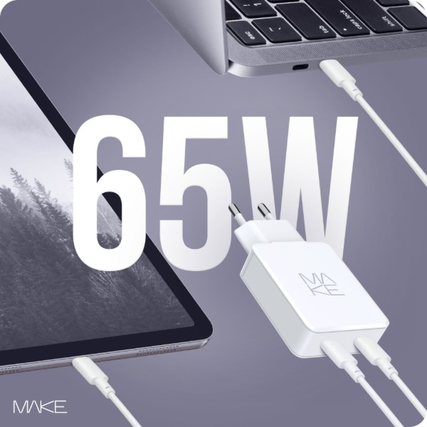 Фото - Мережевий зарядний пристрій MAKE 65W GaN Ultra Slim 2xPD White (MCW-6521GWH)