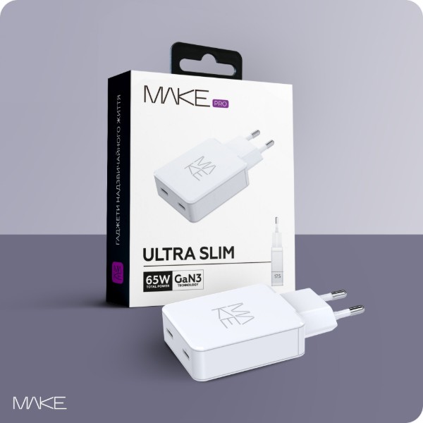 Фото - Мережевий зарядний пристрій MAKE 65W GaN Ultra Slim 2xPD White (MCW-6521GWH)