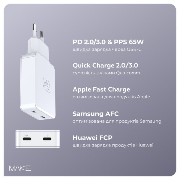 Фото - Мережевий зарядний пристрій MAKE 65W GaN Ultra Slim 2xPD White (MCW-6521GWH)