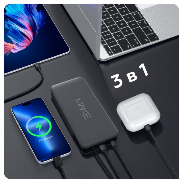 Фото - Батарея мобільна MAKE 10000mAh 22.5W Built-in Cable Gray (MPB-109GR)