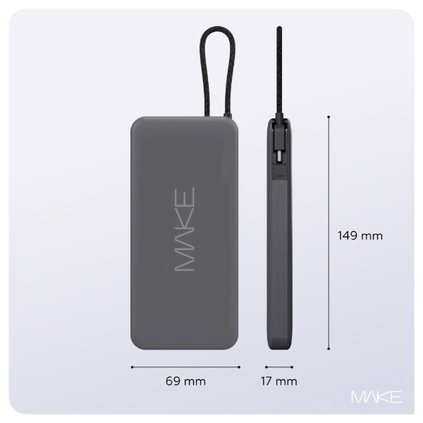 Фото - Батарея мобільна MAKE 10000mAh 22.5W Built-in Cable Gray (MPB-109GR)