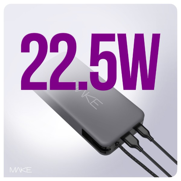 Фото - Батарея мобільна MAKE 20000mAh 22.5W Built-in Cable Gray (MPB-209GR)