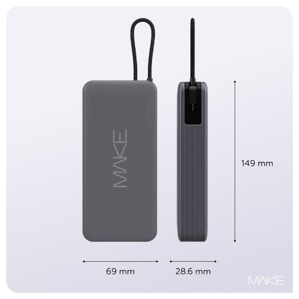 Фото - Батарея мобільна MAKE 20000mAh 22.5W Built-in Cable Gray (MPB-209GR)