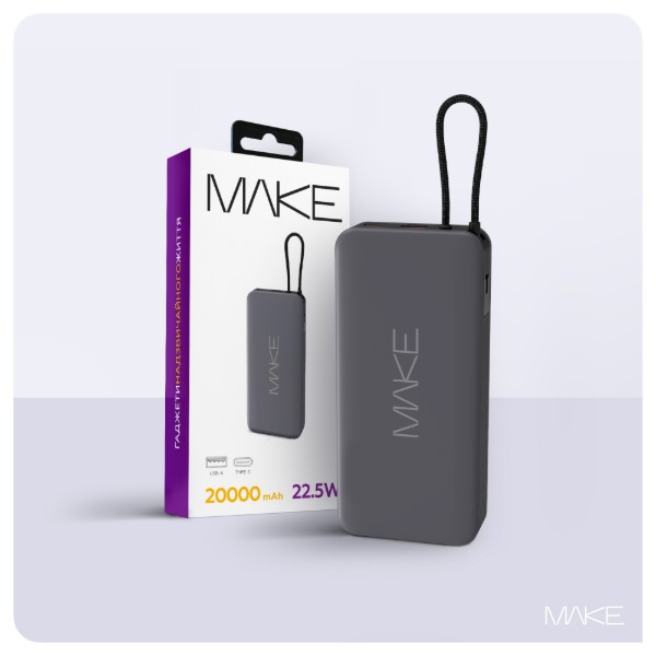 Фото - Батарея мобільна MAKE 20000mAh 22.5W Built-in Cable Gray (MPB-209GR)