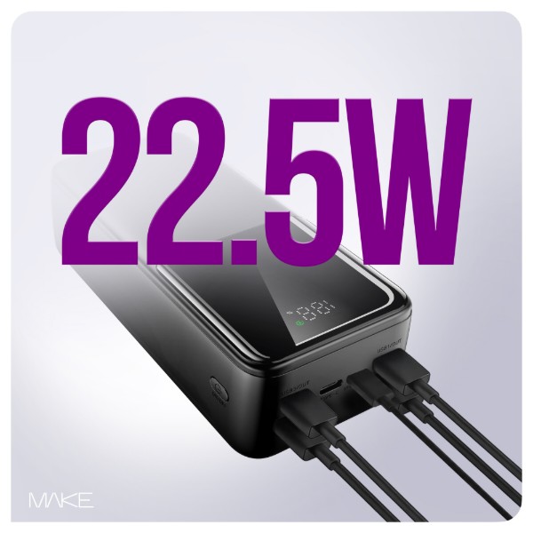 Фото - Батарея мобільна MAKE 30000mAh 22.5W Built-in Cable Black (MPB-304BK)