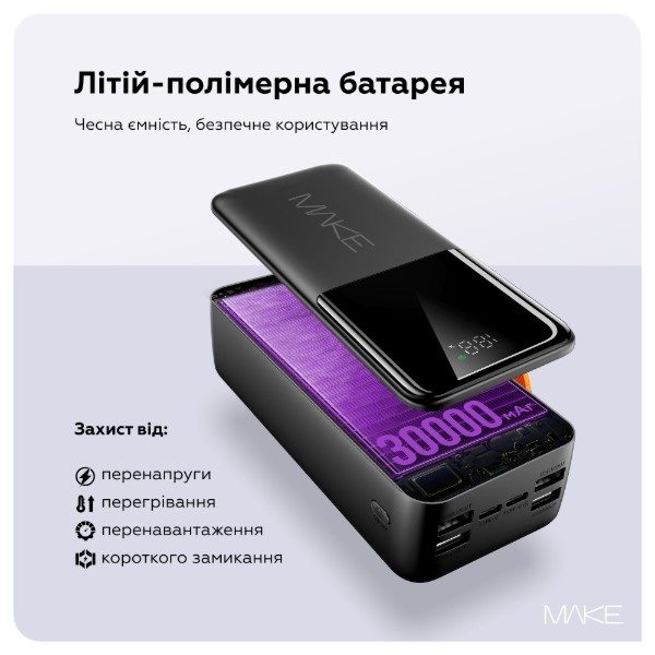 Фото - Батарея мобільна MAKE 30000mAh 22.5W Built-in Cable Black (MPB-304BK)