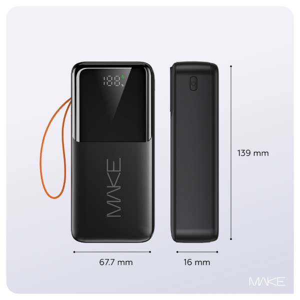 Фото - Батарея мобільна MAKE 30000mAh 22.5W Built-in Cable Black (MPB-304BK)