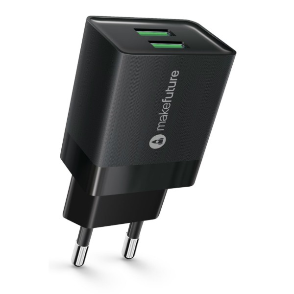 Фото - Мережевий зарядний пристрій MakeFuture 2.4A 2USB Auto-ID Black (MCW-22BK) Фото - Мережевий зарядний пристрій MakeFuture 2.4A 2USB Auto-ID Black (MCW-22BK)