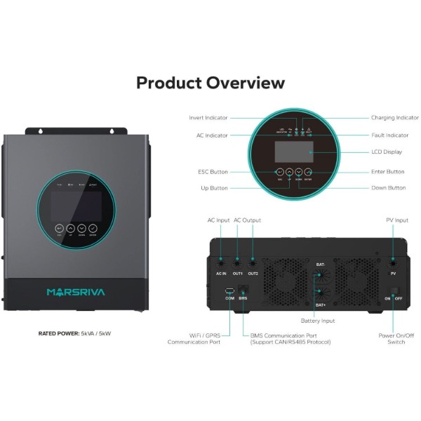 Фото - Інвертор гібридний сонячний Marsriva OFF-G (1ф, 5.0 kW, 24V) з Wi-Fi (MR-SPF5K-LP1-TL20E)