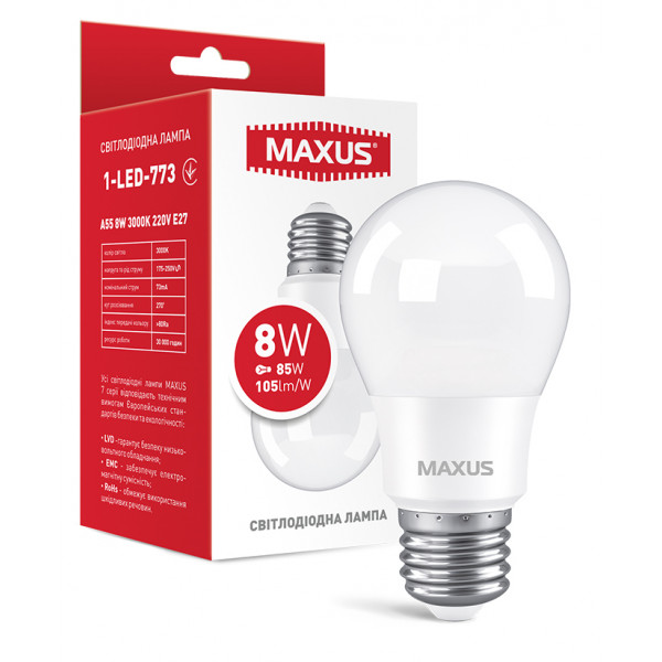 Фото - Лампочка светодиодная Maxus A55 8W 3000K 220V E27 (1-LED-773)
