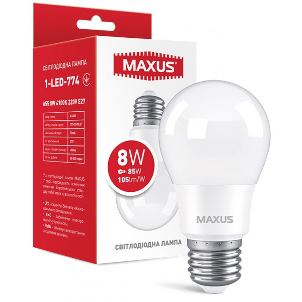 Фото - Лампочка светодиодная Maxus A55 8W 4100K 220V E27 (1-LED-774)