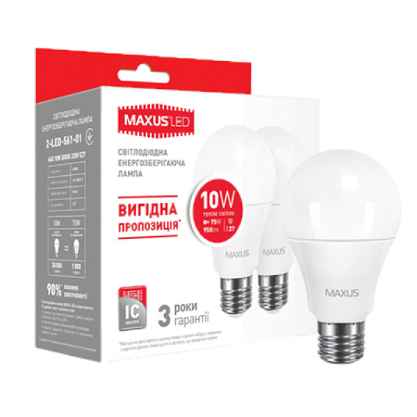 Фото - Лампочка светодиодная Maxus A60 10W 3000K 220V E27 (по 2 шт.) (2-LED-561-01)