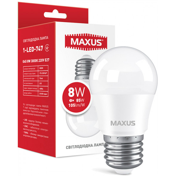Фото - Лампочка світлодіодна Maxus G45 8W 3000K 220V E27 (1-LED-747)