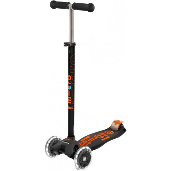Фото - Триколісний самокат Micro "Maxi Deluxe LED" – ЧОРНО-ПОМАРАНЧЕВИЙ (до 50 кг, триколісний, світло) (MMD143)