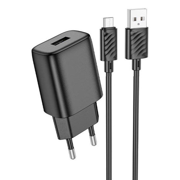 Фото - Сетевое зарядное устройство HOCO C134A Solid single-port charger set (Micro) (EU) Black (6942007621335)