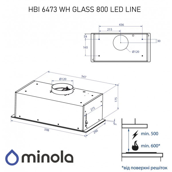 Фото - Витяжка вбудована Minola HBI 6473 WH GLASS 800 LED Line