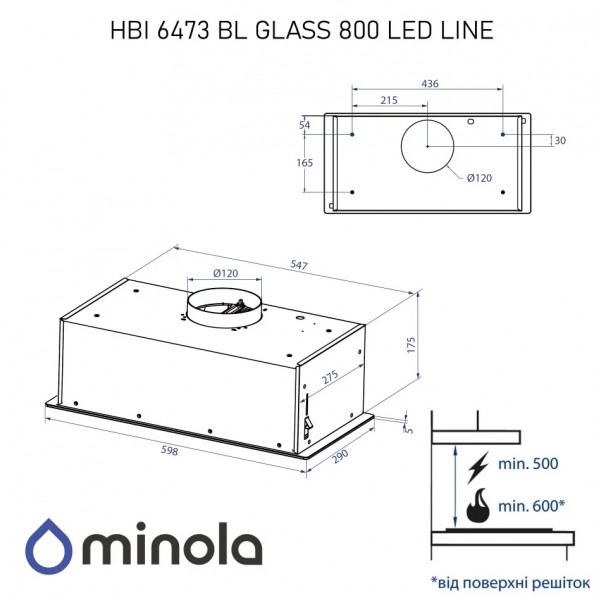 Фото - Уцінка - Витяжка вбудована Minola HBI 6473 BL GLASS 800 LED Line
