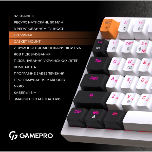 Фото - Клавіатура дротова ігрова GamePro MK180W Hot-Swap Red Swich RGB White (MK180W)