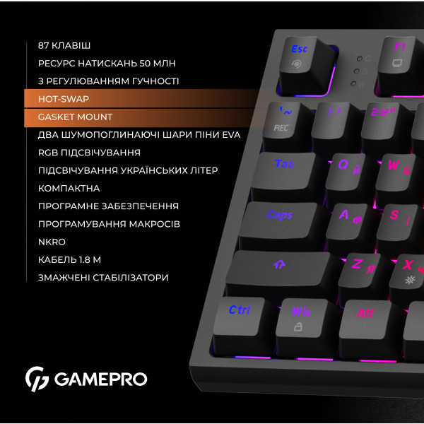 Фото - Клавіатура дротова ігрова GamePro MK180B Hot-Swap Red Swich RGB Black (MK180B)