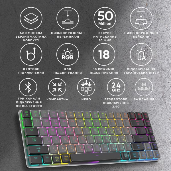 Фото - Клавіатура бездротова ігрова GamePro Red Switch Low Profile Wireless/Bluetooth/USB Dark Gray RGB (MK230R)