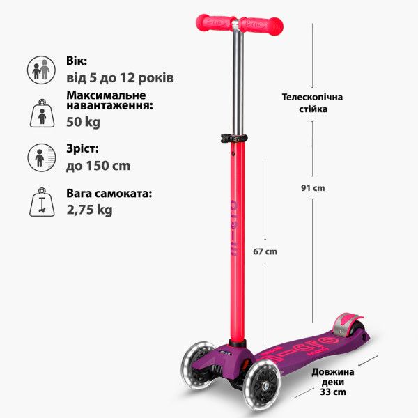 Фото - Двоколісний самокат Micro серії Maxi Deluxe Neon LED - УЛЬТРА РОЖЕВИЙ (MMD233)