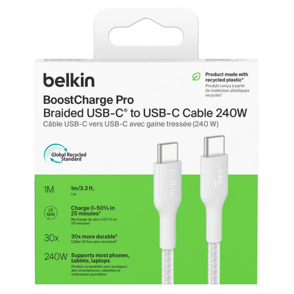 Фото - Кабель синхронізації даних Belkin USB-C > USB-C 1m 240Вт, Type-C White (CAB025HQ1MWH)