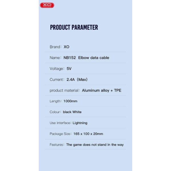 Фото - Кабель XO Lightning NB152 Elbow 2.4A/1m White (NB152-L-1-WH)