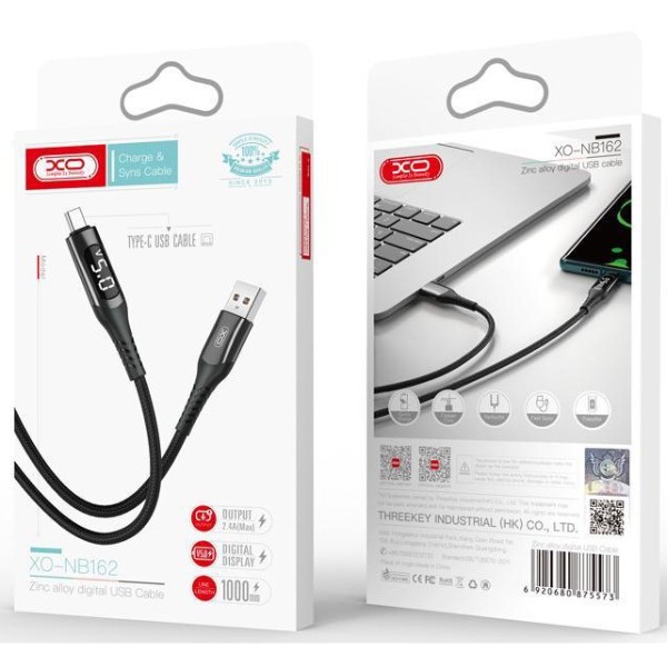 Фото - Кабель XO lightning NB162 LED 2.4A/1m Black (NB162-L-1-BK)