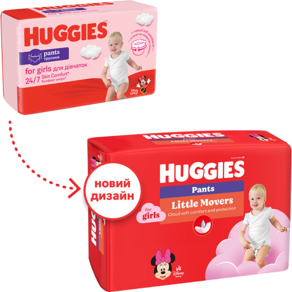 Фото - Одноразові підгузки-трусики Huggies Little Movers Розмір 5 (12-17 кг) для дівчаток, 34 шт. (5029053564272)