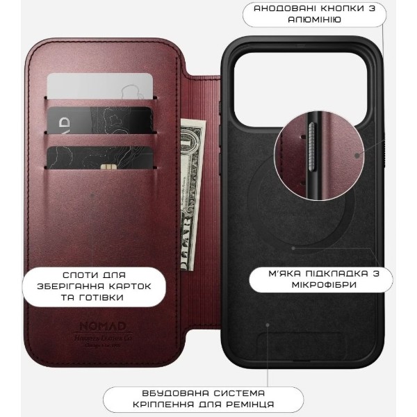Фото - Чохол для смартфону Nomad Modern Leather Folio Case Horween Burgundy for iPhone 17 Pro (NM011833858)