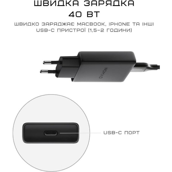 Фото - Мережевий зарядний пристрій Nomad USB-C GaN 40W Slim EU Power Adapter Carbide (NM014773858)