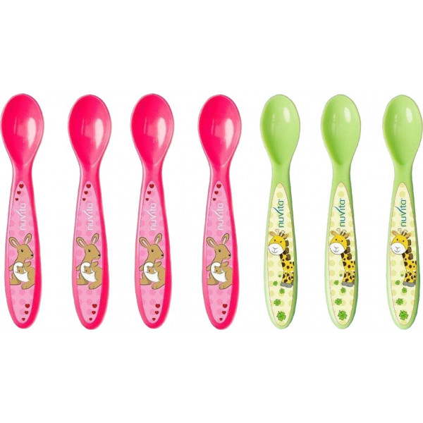 Фото - Набір дитячих столових приборів для малюка Nuvita 6м + 7 шт. Рожевий/Салатовий (NV1410Pink)