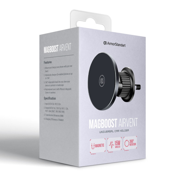 Фото - Автотримач з бездротовою зарядкою Armorstandart MagBoost Airvent Black (ARM85337)