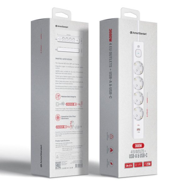 Фото - Мережевий фільтр Armorstandart A-PS42 1.8m 4 розетки + USB-A + USB-C (PD20W) White (ARM84666)