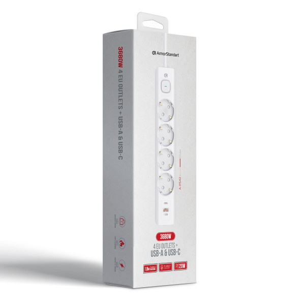 Фото - Мережевий фільтр Armorstandart A-PS42 1.8m 4 розетки + USB-A + USB-C (PD20W) White (ARM84666)
