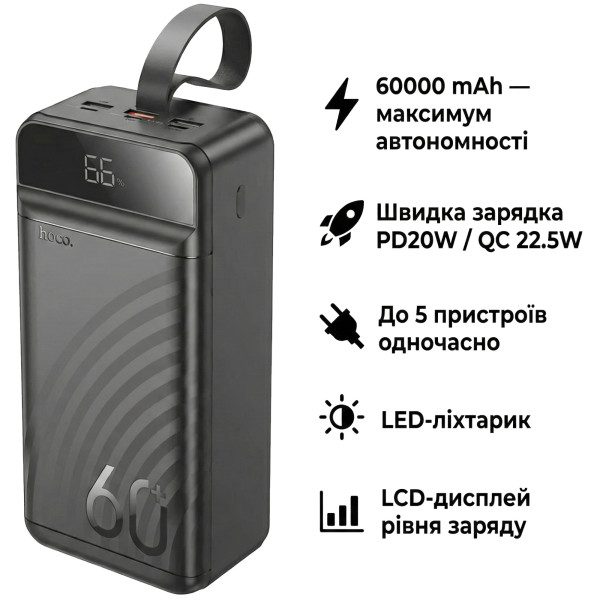Фото - Батарея мобільна HOCO J123C Element PD20W+LCD+LED Lamp 60000 mAh Black (714736)