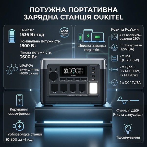 Фото - Зарядная станция универсальная OUKITEL P1500E Plus (1800 Вт, 1536 Вт/год)