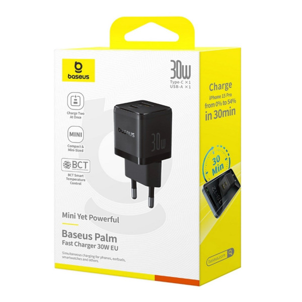 Фото - Мережевий зарядний пристрій Baseus Palm Fast Charger C+U 30W EU Cluster Black (P1011160A113-00)