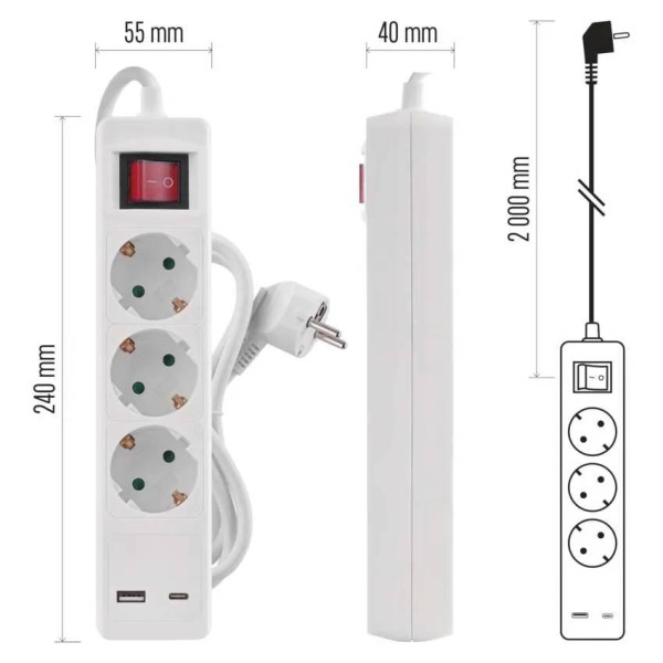 Фото - Мережевий фільтр EMOS P1322CU 3 розетки 2 м 1+USB-A 1+USB-C