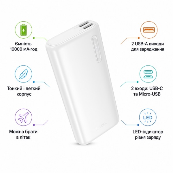 Фото - Батарея мобильная HOCO J158A Runner с LED-индикацией заряда 10000 mAh White (715659)