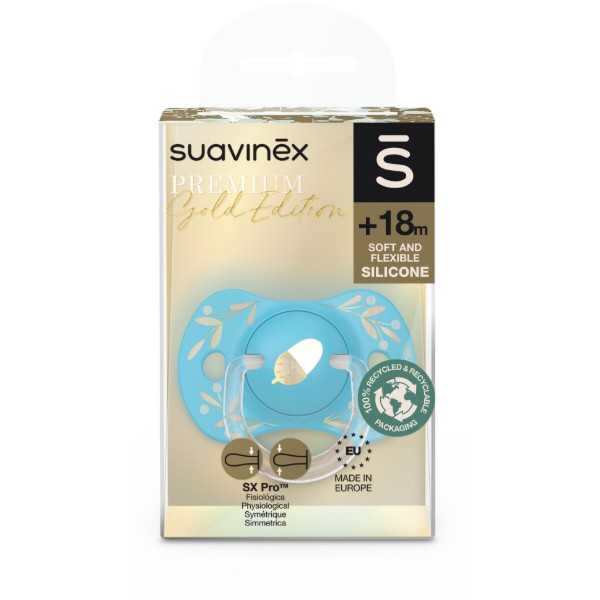 Фото - Анатомічна пустушка Suavinex +18 міс. Gold Edition Блакитна (307862)