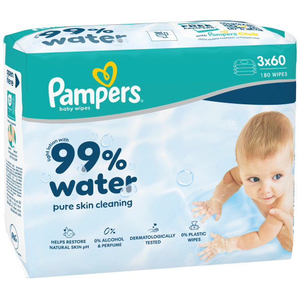 Фото - Серветки вологі для дітей Pampers 99% Water, 180 шт (80871788)