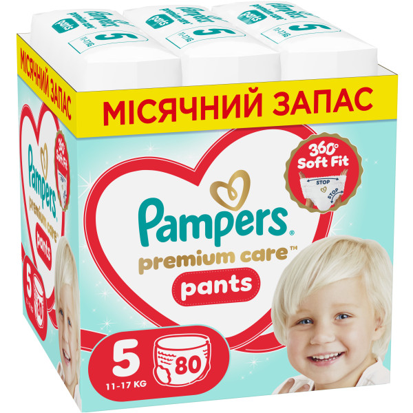 Фото - Одноразові підгузки-трусики Pampers Premium Care Pants Розмір 5 (11-17 кг) 80 шт (80895124)