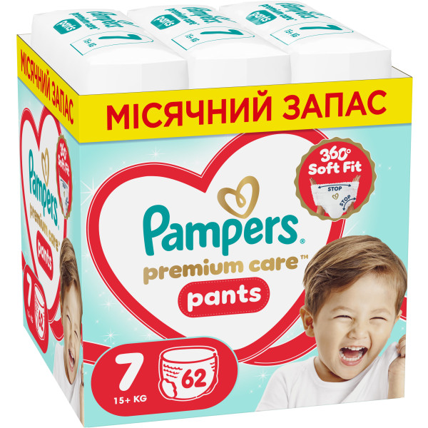 Фото - Одноразові підгузки-трусики Pampers Premium Care Pants Розмір 7 (15+ кг) 62 шт (80895128)