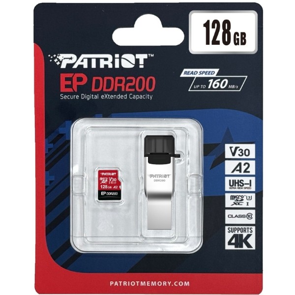 Фото - Карта пам'яті Patriot microSDXC (UHS-1) EP Series 128Gb class 10 DDR200 V30 A2 (with A+C Card reader) (PEF128GEP33MCX)