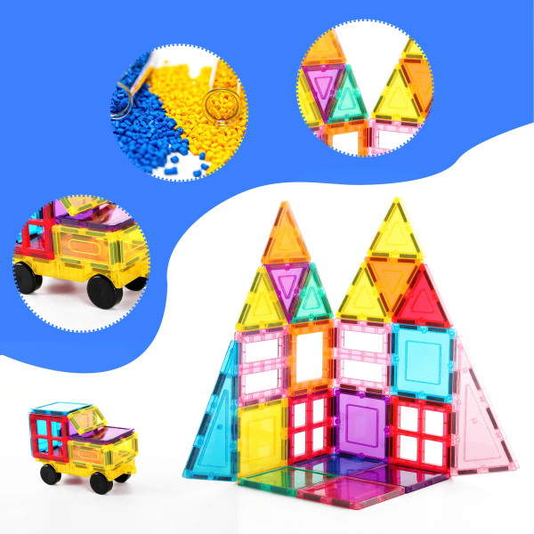 Фото - Магнітний конструктор Picasso Tiles THE BUILDING BLOCKS WITH CAR 61 деталь (28244)