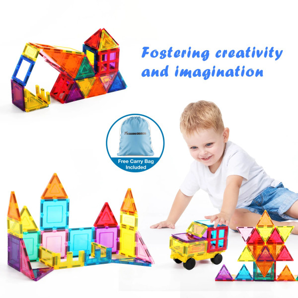 Фото - Магнітний конструктор Picasso Tiles THE BUILDING BLOCKS WITH CAR 61 деталь (28244)